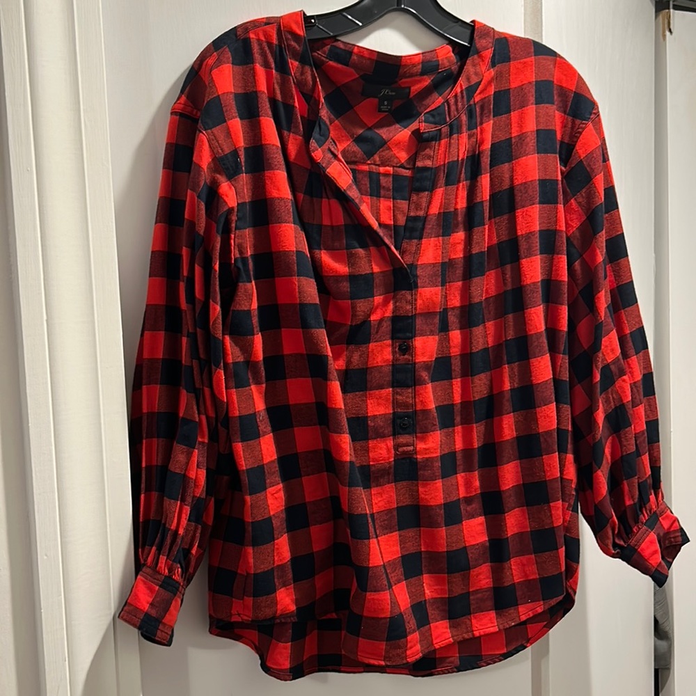 J Crew Flannel top puff sleeves